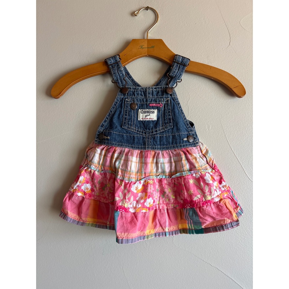 OshKosh‎ Bgosh Baby Girl 12M Denim Patchwork Floral Plaid Ruffle Overall Dress